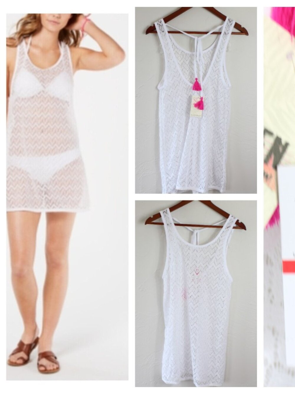 Miken Crochet Tassel Tank Swimsuit Cover Up White Pink Small NWT